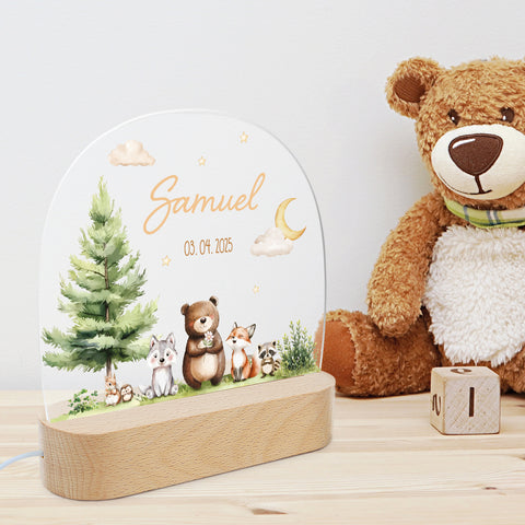 Kinder LED Nachtlicht mit Sockel aus Holz - "Waldfreunde"