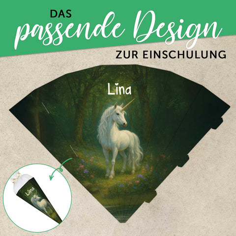 Bedruckte Schultüte mit Namen - Einhorn Wald