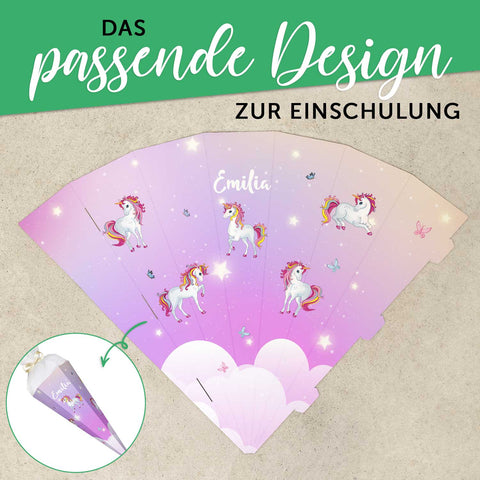 Bedruckte Schultüte mit Namen - Einhorn Rosa