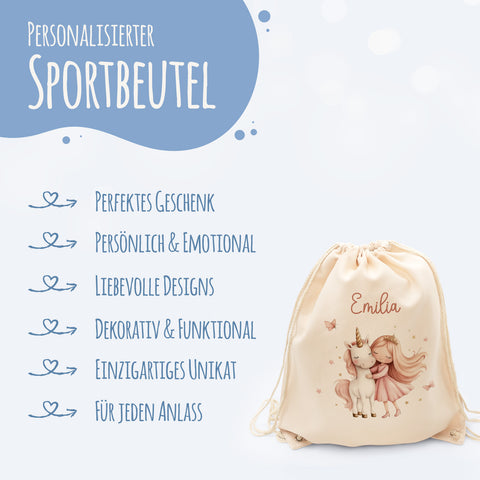 Turnbeutel mit Kindermotiv - Prinzessin & Einhorn - für Kinder