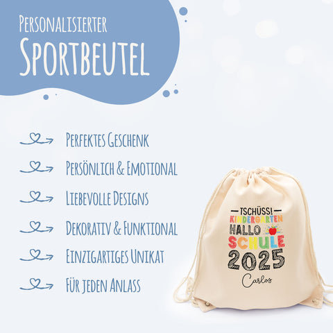Turnbeutel für Kinder - Tschüss Kindergarten Hallo Schule - zur Einschulung