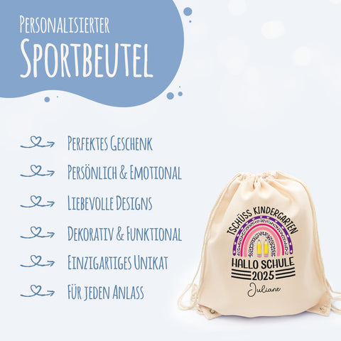 Turnbeutel für Kinder - Tschüss Kindergarten Regenbogen - zur Einschulung
