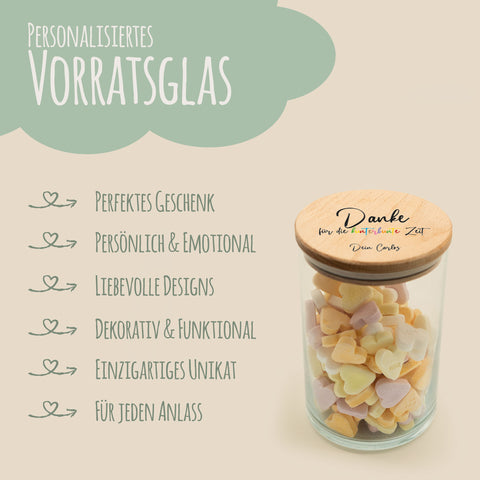 Bedrucktes Vorratsglas mit Holzdeckel - Danke für die kunterbunte Zeit