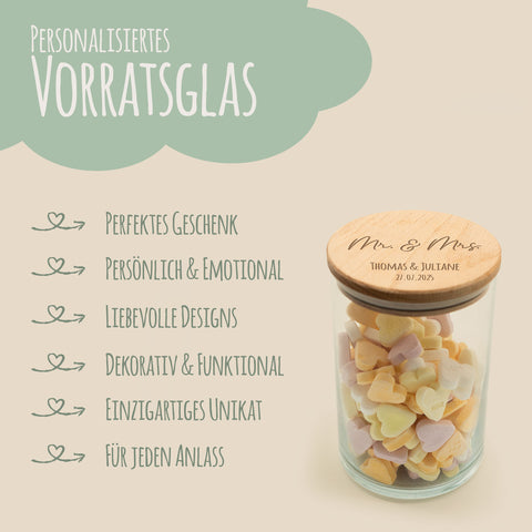 Graviertes Vorratsglas mit Holzdeckel - Mr & Mrs Symbol