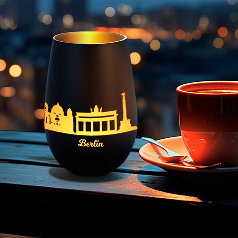 Deko Windlicht aus Glas mit Gravur - Skyline Berlin