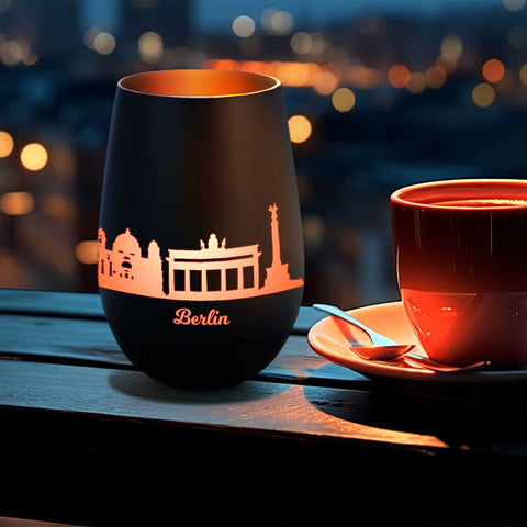 Deko Windlicht aus Glas mit Gravur - Skyline Berlin