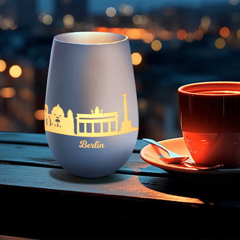 Deko Windlicht aus Glas mit Gravur - Skyline Berlin