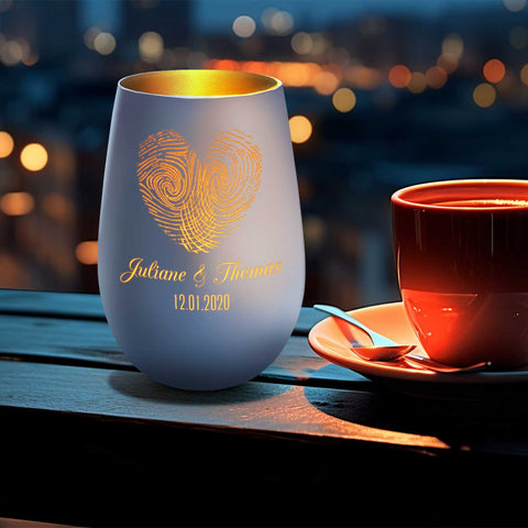 Deko Windlicht aus Glas mit Gravur - Herz Fingerabdruck - Personalisiert mit Namen & Datum
