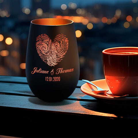 Deko Windlicht aus Glas mit Gravur - Herz Fingerabdruck - Personalisiert mit Namen & Datum