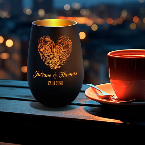 Deko Windlicht aus Glas mit Gravur - Herz Fingerabdruck - Personalisiert mit Namen & Datum