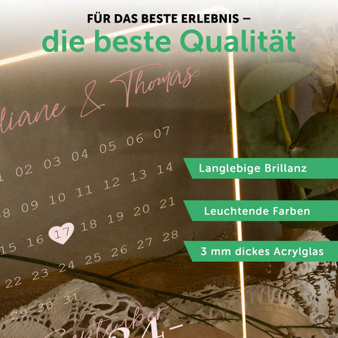 Beleuchtetes Acrylglas - Kalender - Personalisiertes Geschenk mit Namen & Datum
