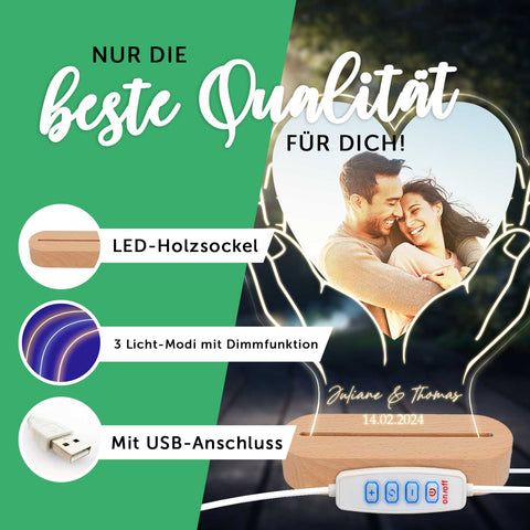 Beleuchtetes LED Acrylglas mit Foto, Namen & Datum - Herz in Händen