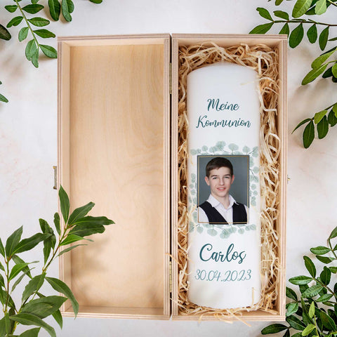 Große Kerze "Konfirmation, Kommunion & Taufe" mit Foto, Namen, Datum und Wunschtext