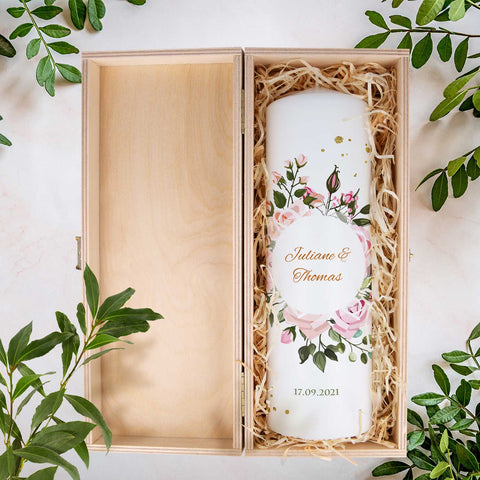 Große Kerze "Summer & Flower" - Hochzeitskerze mit Namen, Datum & Wunschtext