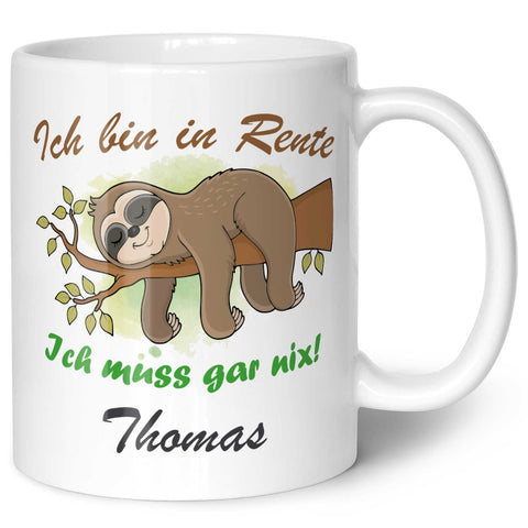 Bedruckte Tasse Faultier in Rente - Personalisiert mit Name