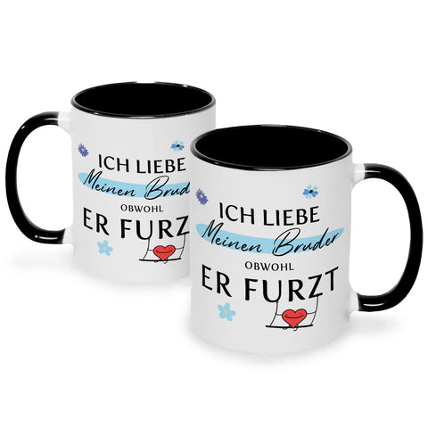 Bedruckte Tasse mit Spruch Ich liebe meinen Bruder obwohl er furzt