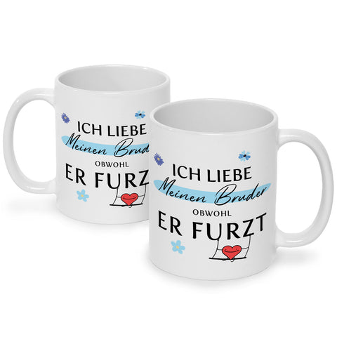 Bedruckte Tasse mit Spruch Ich liebe meinen Bruder obwohl er furzt