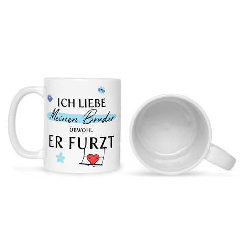 Bedruckte Tasse mit Spruch Ich liebe meinen Bruder obwohl er furzt