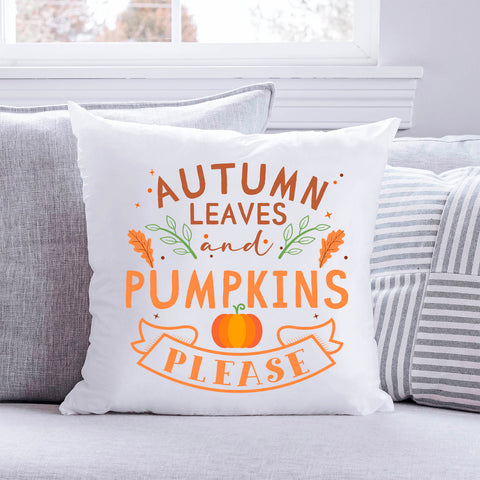 Bedrucktes Kissen mit Spruch Autumn leaves and Pumpkins please
