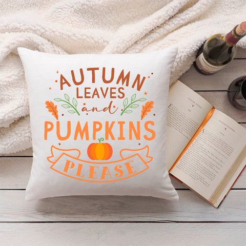 Bedrucktes Kissen mit Spruch Autumn leaves and Pumpkins please