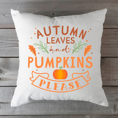 Bedrucktes Kissen mit Spruch Autumn leaves and Pumpkins please