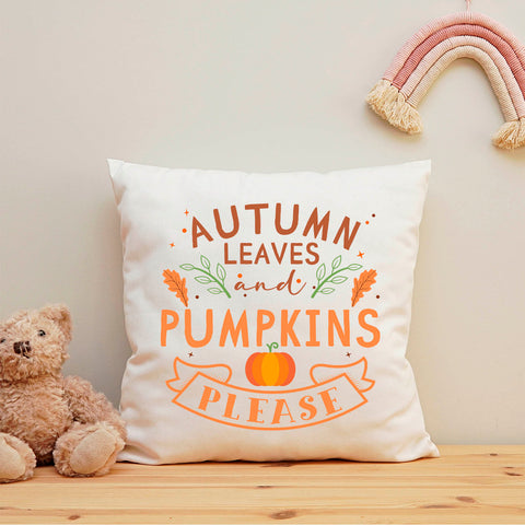 Bedrucktes Kissen mit Spruch Autumn leaves and Pumpkins please