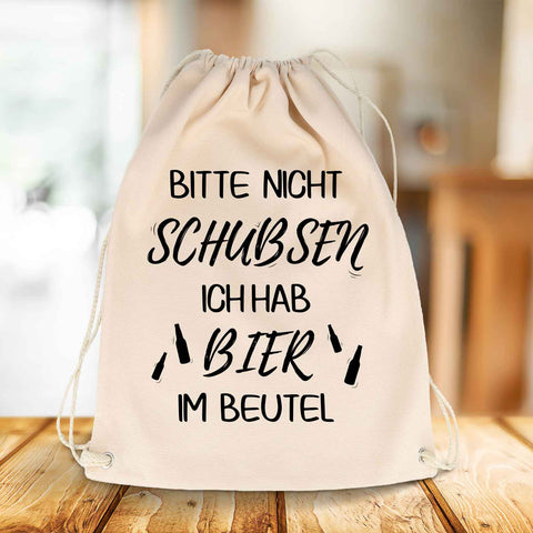 Bedruckter Turnbeutel mit Spruch Bier im Beutel