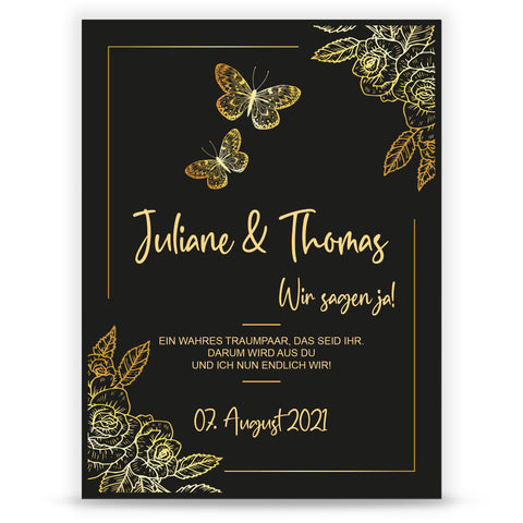 Hochzeitseinladungskarte im Black & Golden Butterflies Design