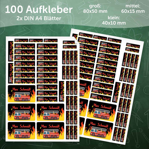 Schuletiketten mit Namen - Feuerwehr Design - 100 Aufkleber in verschiedenen Größen