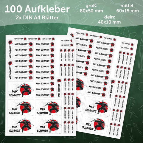 Schuletiketten mit Namen - Ninja Design - 100 Aufkleber in verschiedenen Größen
