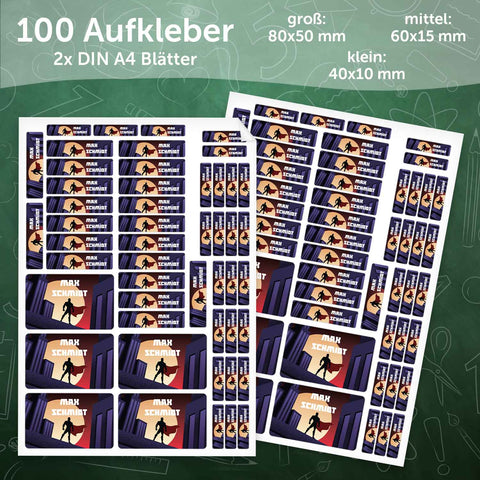 Schuletiketten mit Namen - Superheld Design - 100 Aufkleber in verschiedenen Größen