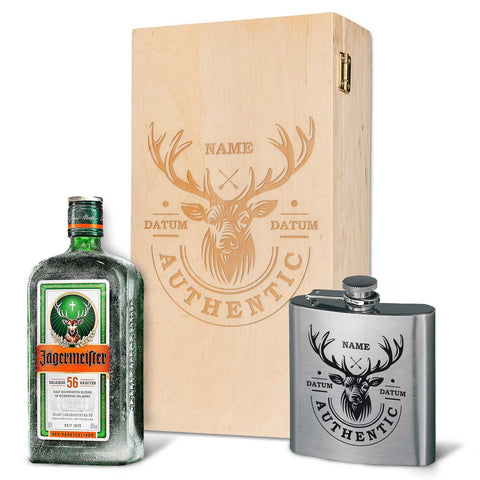 Flachmann aus Edelstahl Geschenkset - personalisiert mit Jägermeister im Set