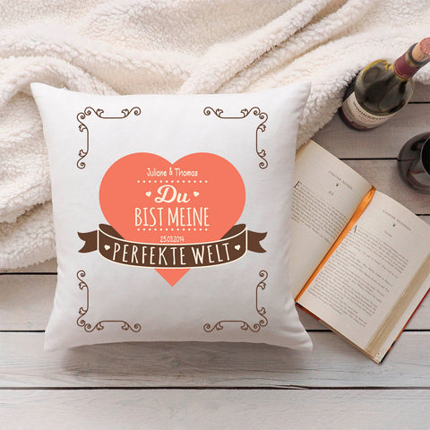 Bedrucktes Kissen mit Motiv Du bist meine perfekte Welt