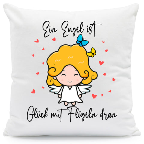 Bedrucktes Kissen mit Spruch Ein Engel ist Glück mit Flügeln dran