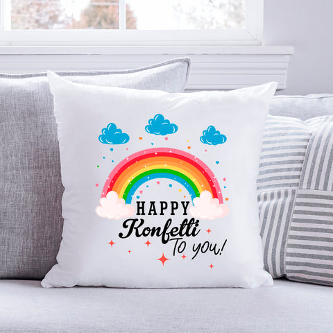 Bedrucktes Kissen mit Spruch Happy Konfetti to you!