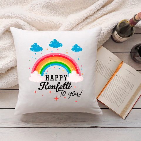 Bedrucktes Kissen mit Spruch Happy Konfetti to you!