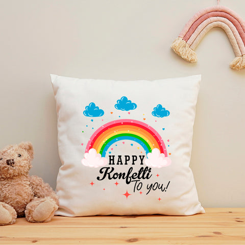 Bedrucktes Kissen mit Spruch Happy Konfetti to you!