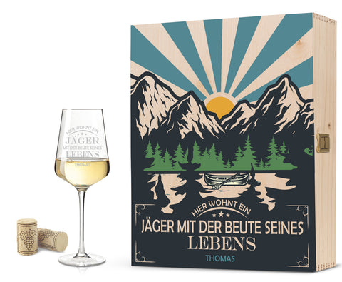 Leonardo Weinglas mit Gravur "Hier wohnt ein Jäger mit der Beute seines Lebens"