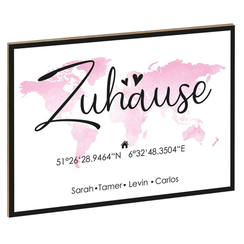 Holzschild Motiv Zuhause mit Namen & Koordinaten