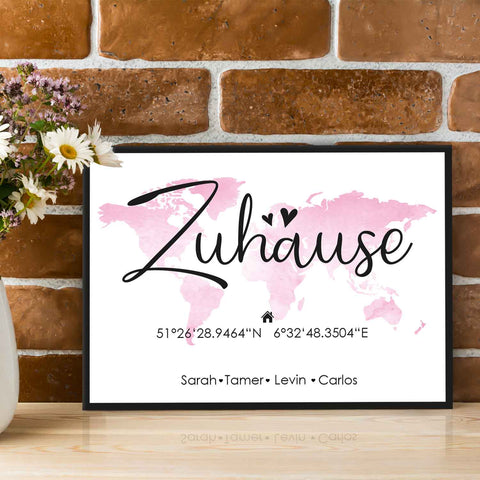 Holzschild Motiv Zuhause mit Namen & Koordinaten