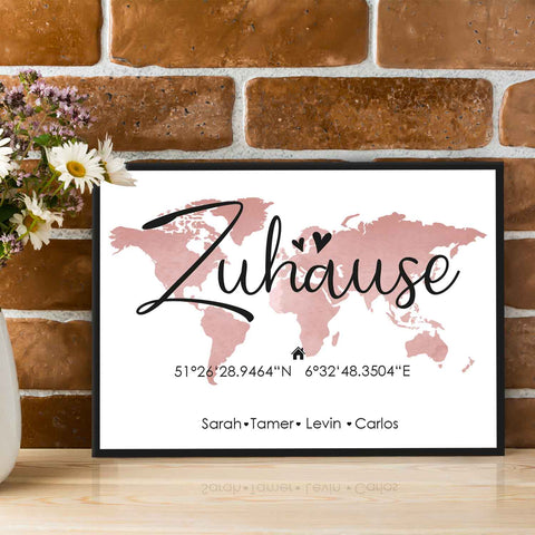 Holzschild Motiv Zuhause mit Namen & Koordinaten