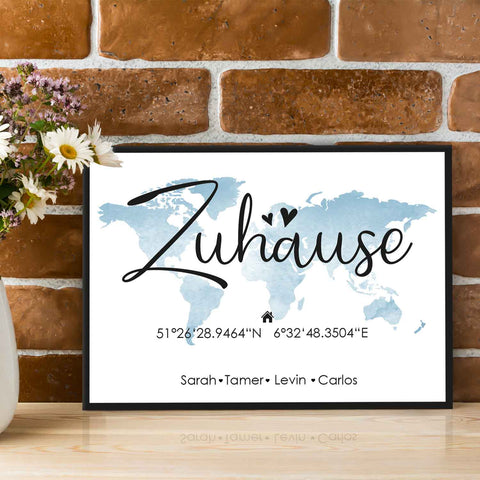 Holzschild Motiv Zuhause mit Namen & Koordinaten