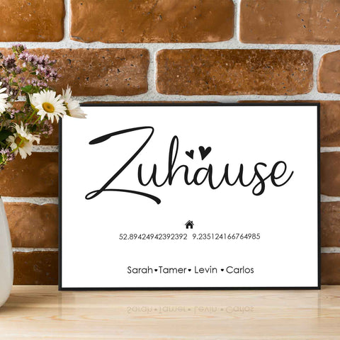 Holzschild Motiv Zuhause mit Namen & Koordinaten
