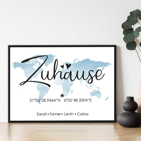 Holzschild Motiv Zuhause mit Namen & Koordinaten