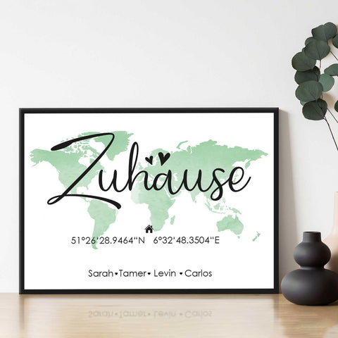 Holzschild Motiv Zuhause mit Namen & Koordinaten