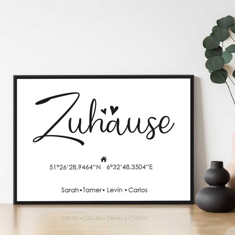 Holzschild Motiv Zuhause mit Namen & Koordinaten