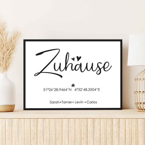 Holzschild Motiv Zuhause mit Namen & Koordinaten