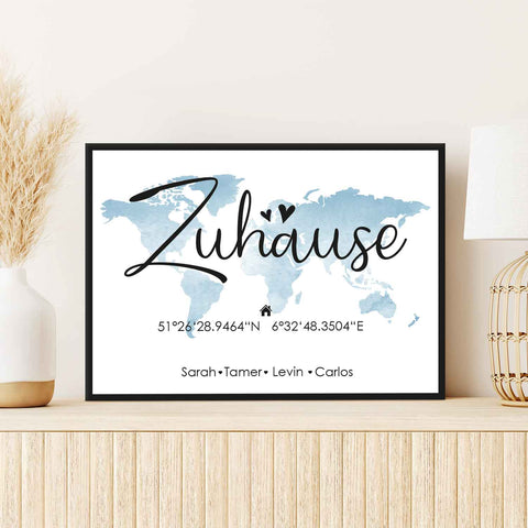 Holzschild Motiv Zuhause mit Namen & Koordinaten