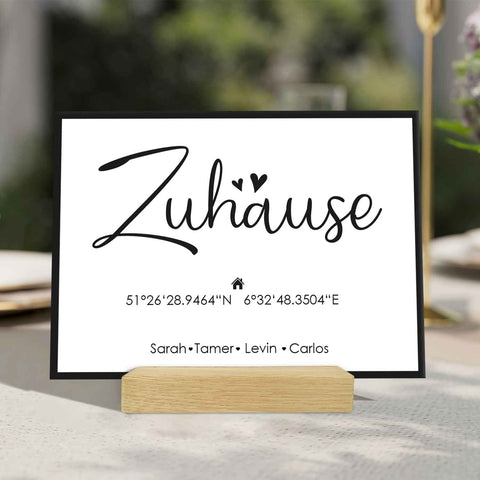 Holzschild Motiv Zuhause mit Namen & Koordinaten