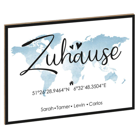 Holzschild Motiv Zuhause mit Namen & Koordinaten